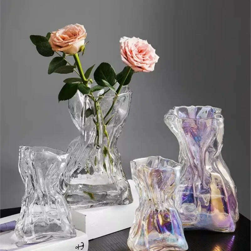 KIMLUD, Ins Creative Glass Vase Fold Paper-like Luxury Flower Vase Home Decoration Irregular Transparent Glass Vase Hydroponic Art, KIMLUD Womens Clothes