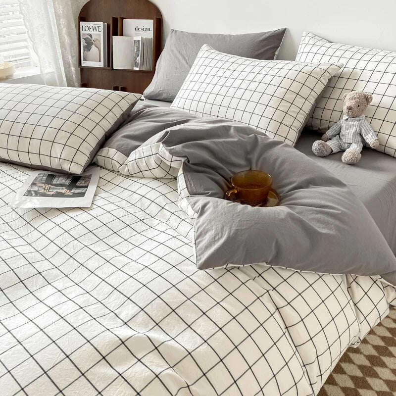 Ins Green Grid Bedding Set Bed Linen Nordic Lattice Duvet Cover For Adults Boys Bedspread Flat Sheet Simple Single Quilt Cover - KIMLUD