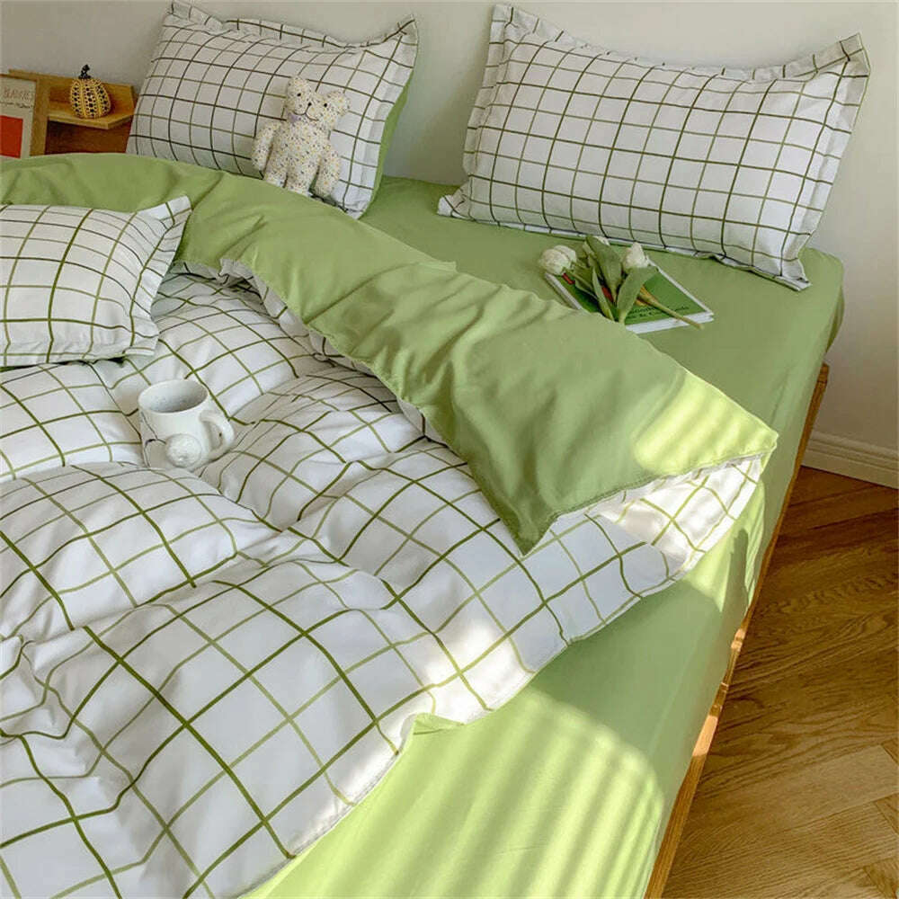 Ins Green Grid Bedding Set Bed Linen Nordic Lattice Duvet Cover For Adults Boys Bedspread Flat Sheet Simple Single Quilt Cover - KIMLUD