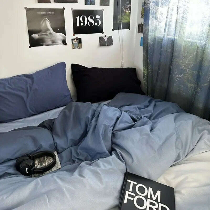 Ins Green Grid Bedding Set Bed Linen Nordic Lattice Duvet Cover For Adults Boys Bedspread Flat Sheet Simple Single Quilt Cover - KIMLUD