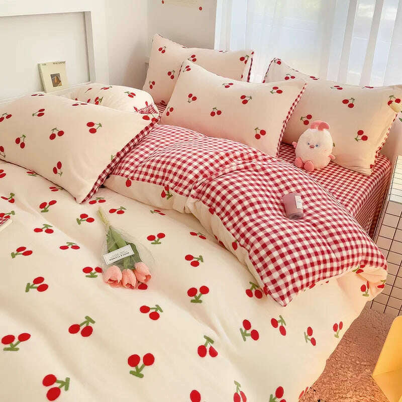 Ins Heart Duvet Cover Set No Filler Flat Sheet Pillowcases Korean Style Floral Single Double Full Size Soft Girl Boys Bed Linens - KIMLUD