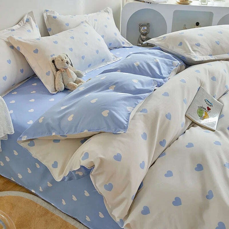 Ins Heart Duvet Cover Set No Filler Flat Sheet Pillowcases Korean Style Floral Single Double Full Size Soft Girl Boys Bed Linens - KIMLUD