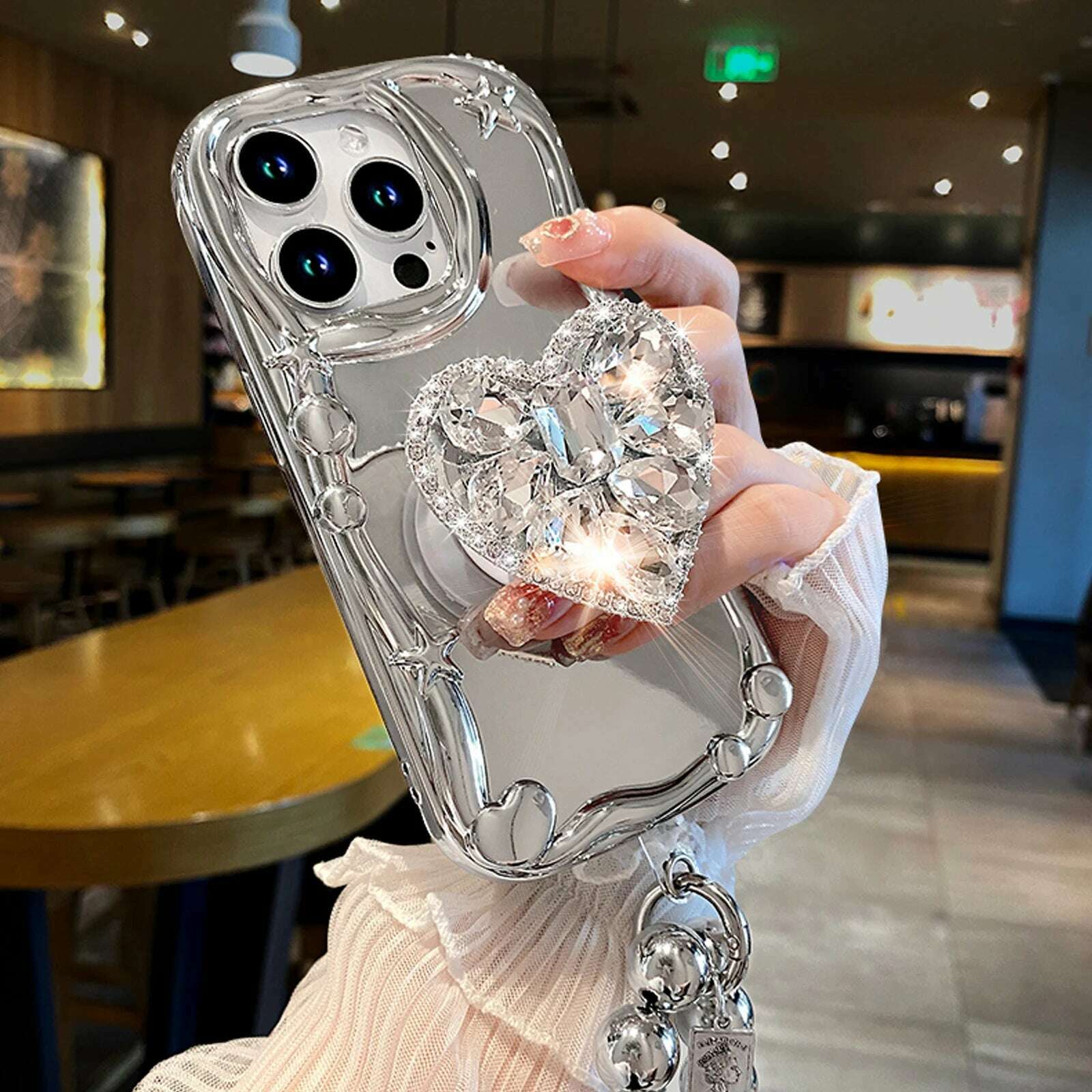 KIMLUD, ins Korea Star Silver Plating 3D Diamond Heart Holder Strap Phone Case For iPhone 15 14 13 12 11 Pro Max X XS XR 7 8 Plus +, KIMLUD Womens Clothes