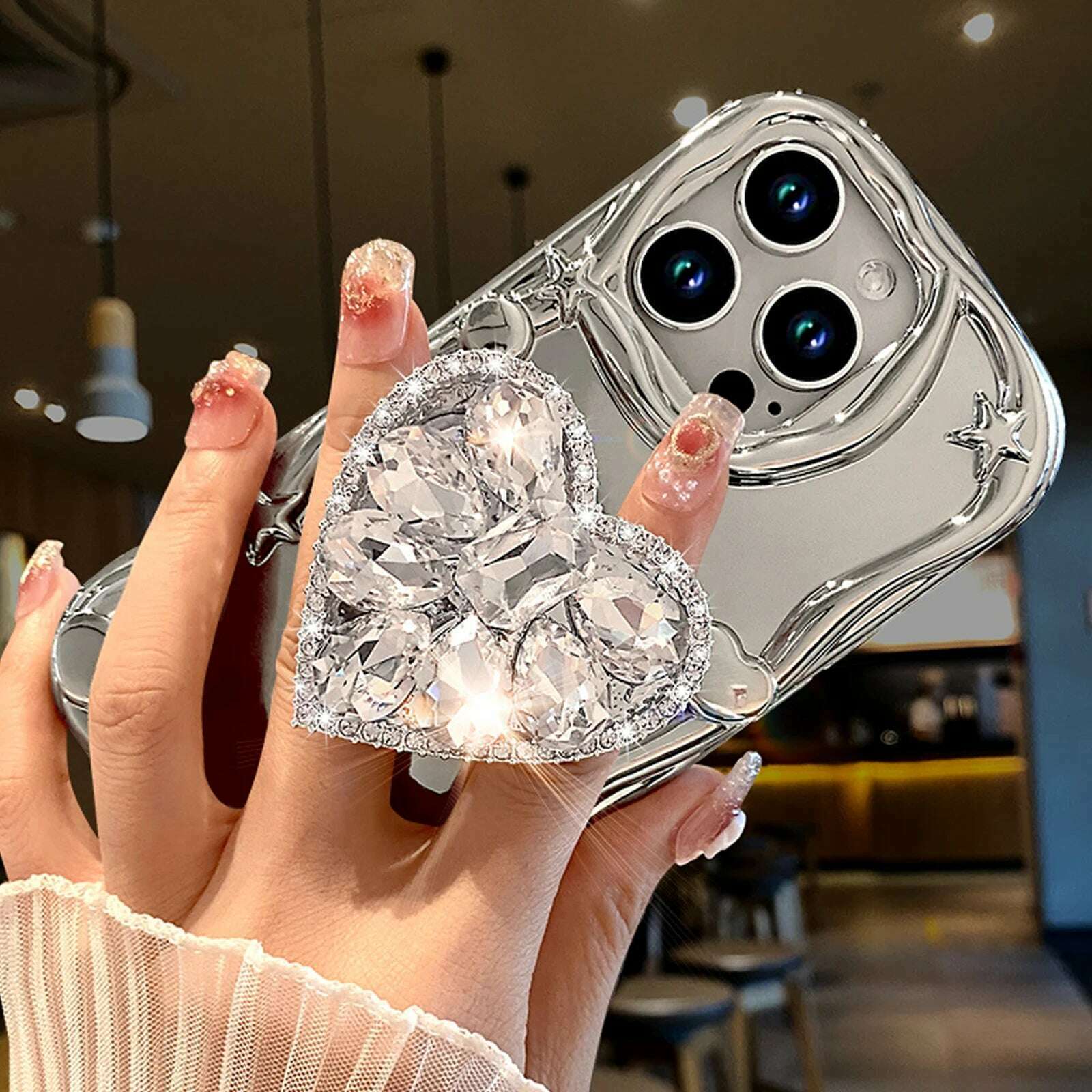 KIMLUD, ins Korea Star Silver Plating 3D Diamond Heart Holder Strap Phone Case For iPhone 15 14 13 12 11 Pro Max X XS XR 7 8 Plus +, KIMLUD Womens Clothes