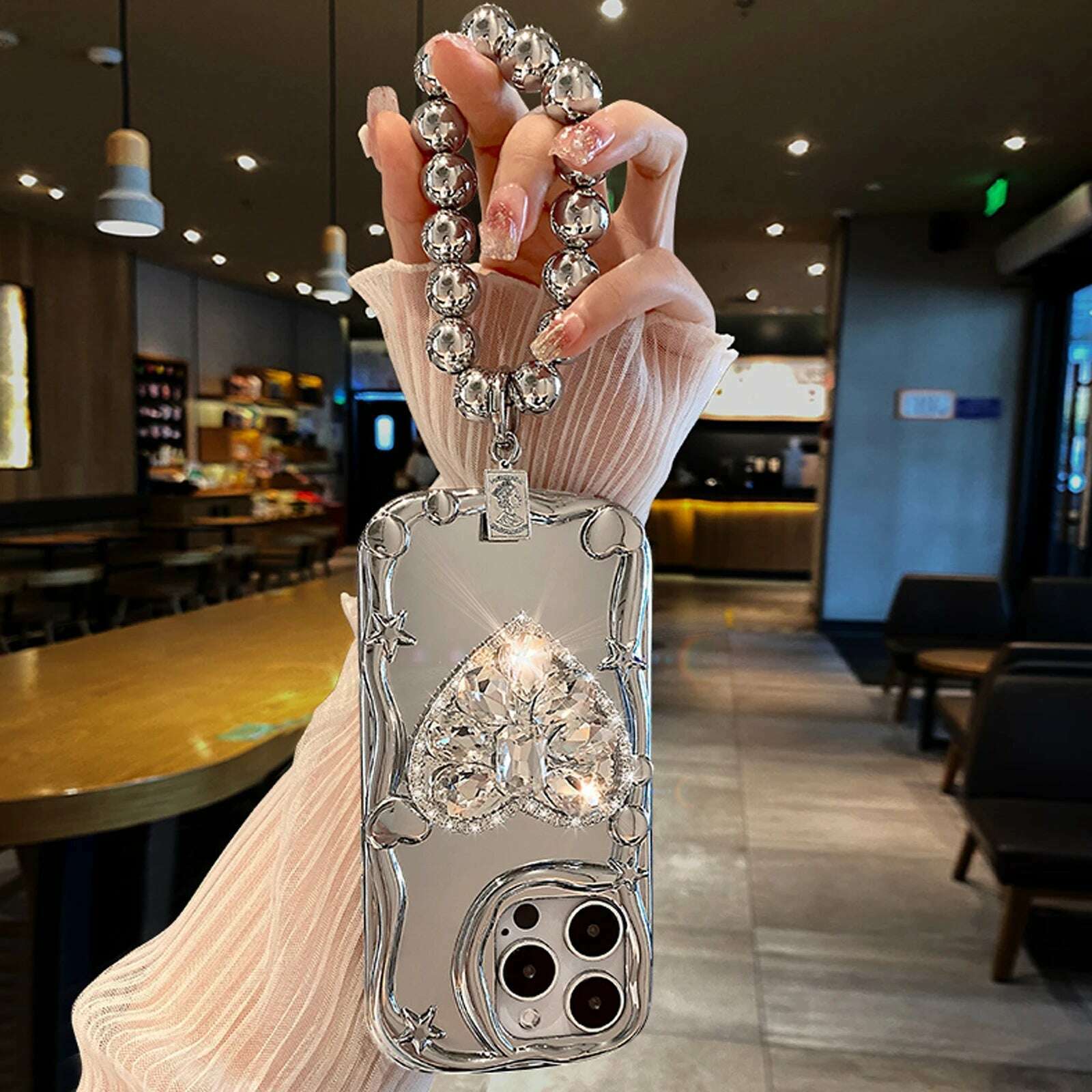 KIMLUD, ins Korea Star Silver Plating 3D Diamond Heart Holder Strap Phone Case For iPhone 15 14 13 12 11 Pro Max X XS XR 7 8 Plus +, KIMLUD Womens Clothes