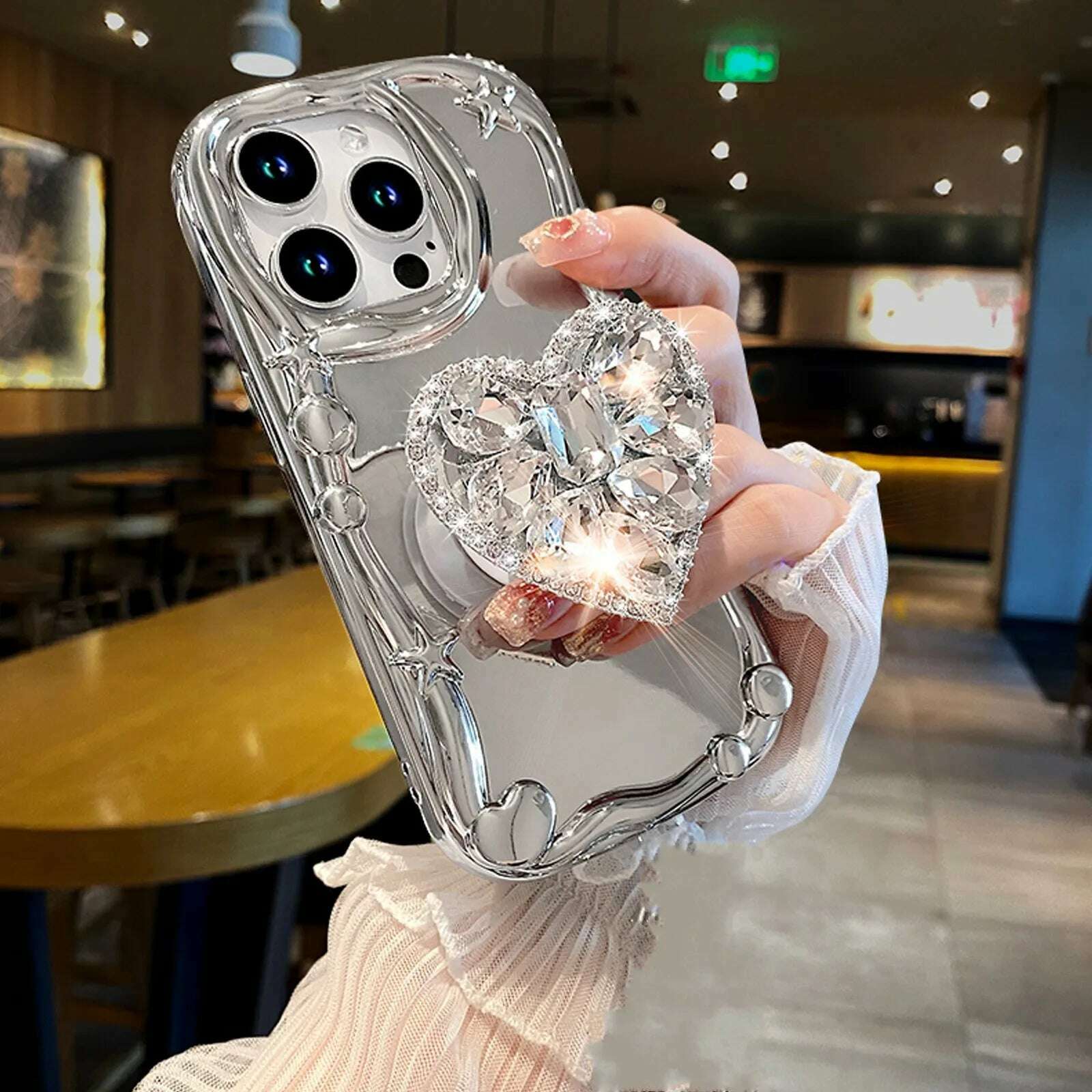 KIMLUD, ins Korea Star Silver Plating 3D Diamond Heart Holder Strap Phone Case For iPhone 15 14 13 12 11 Pro Max X XS XR 7 8 Plus +, Only Case / for iphone14 (6.1"), KIMLUD APPAREL - Womens Clothes