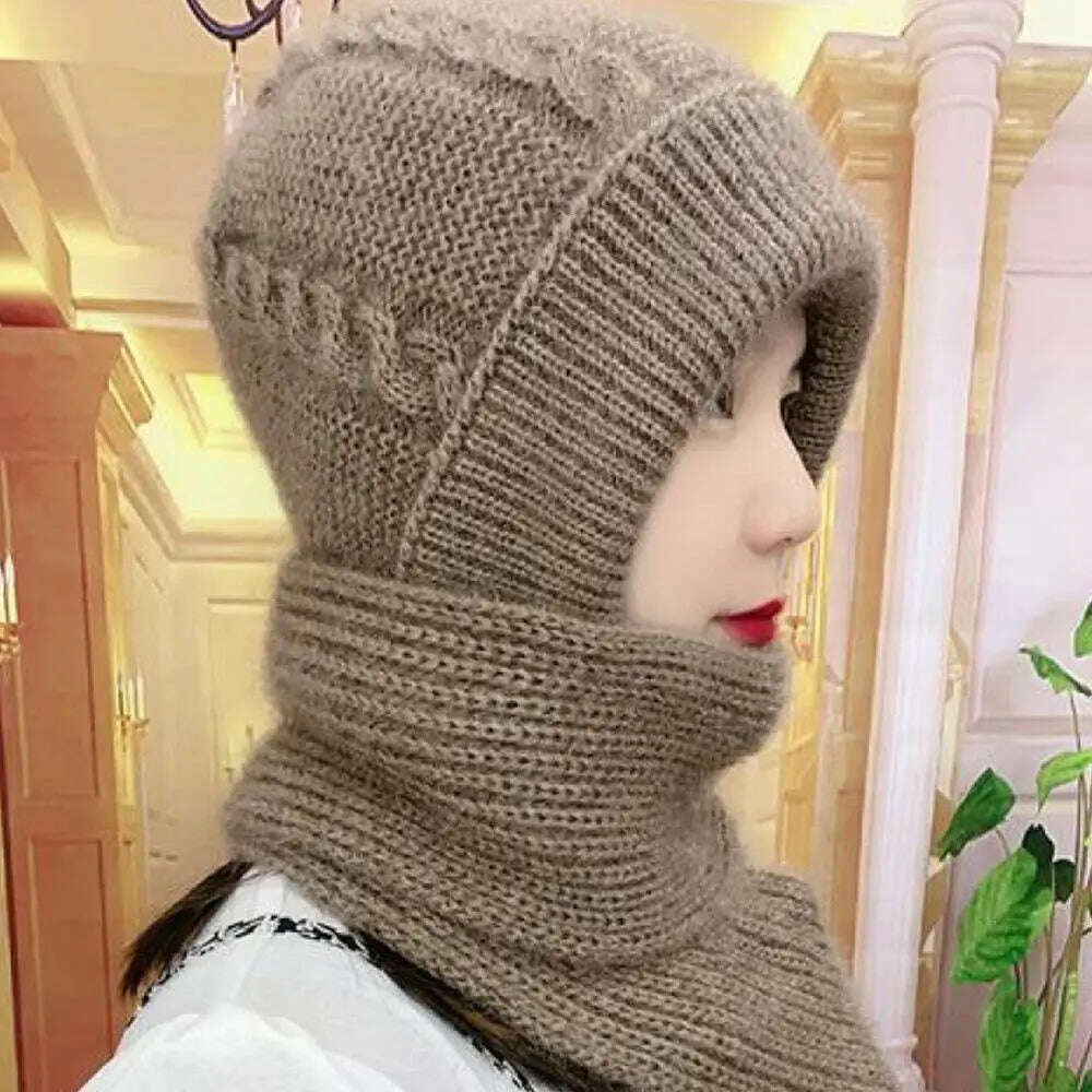 KIMLUD, Integrated Cap Scarf Ear Protection Windproof Cap Scarf Knitting Thicken Thermal Hat Winter Beanie Hat Scarf Neck Warmer Casual, KIMLUD Womens Clothes