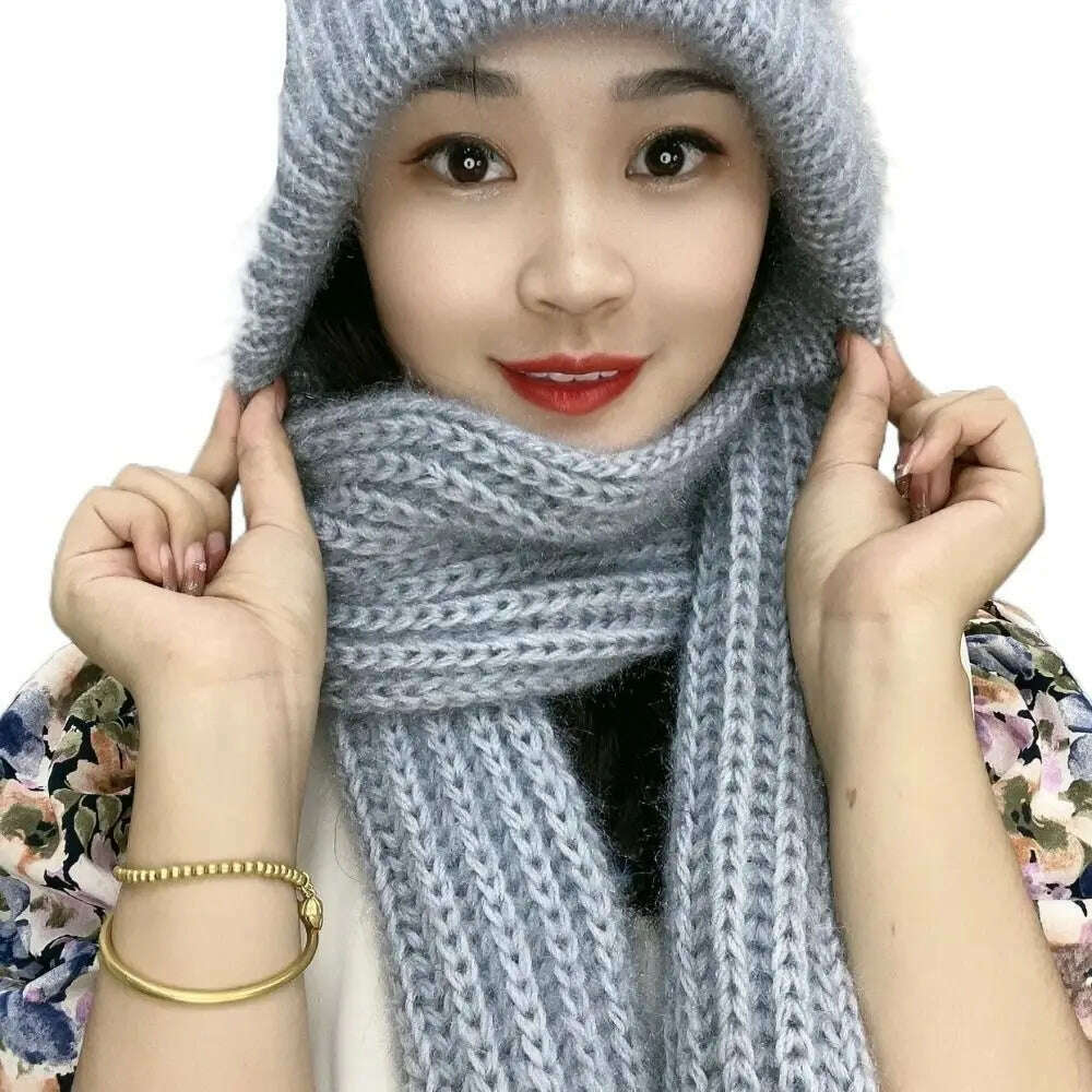 KIMLUD, Integrated Cap Scarf Ear Protection Windproof Cap Scarf Knitting Thicken Thermal Hat Winter Beanie Hat Scarf Neck Warmer Casual, Grey, KIMLUD APPAREL - Womens Clothes
