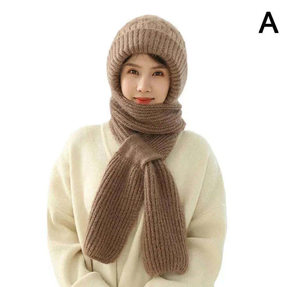 KIMLUD, Integrated Ear Protection Windproof Cap Scarf Knitting Thickening Hat Winter Windproof Wram Cap Scarf For Winter, KIMLUD Womens Clothes