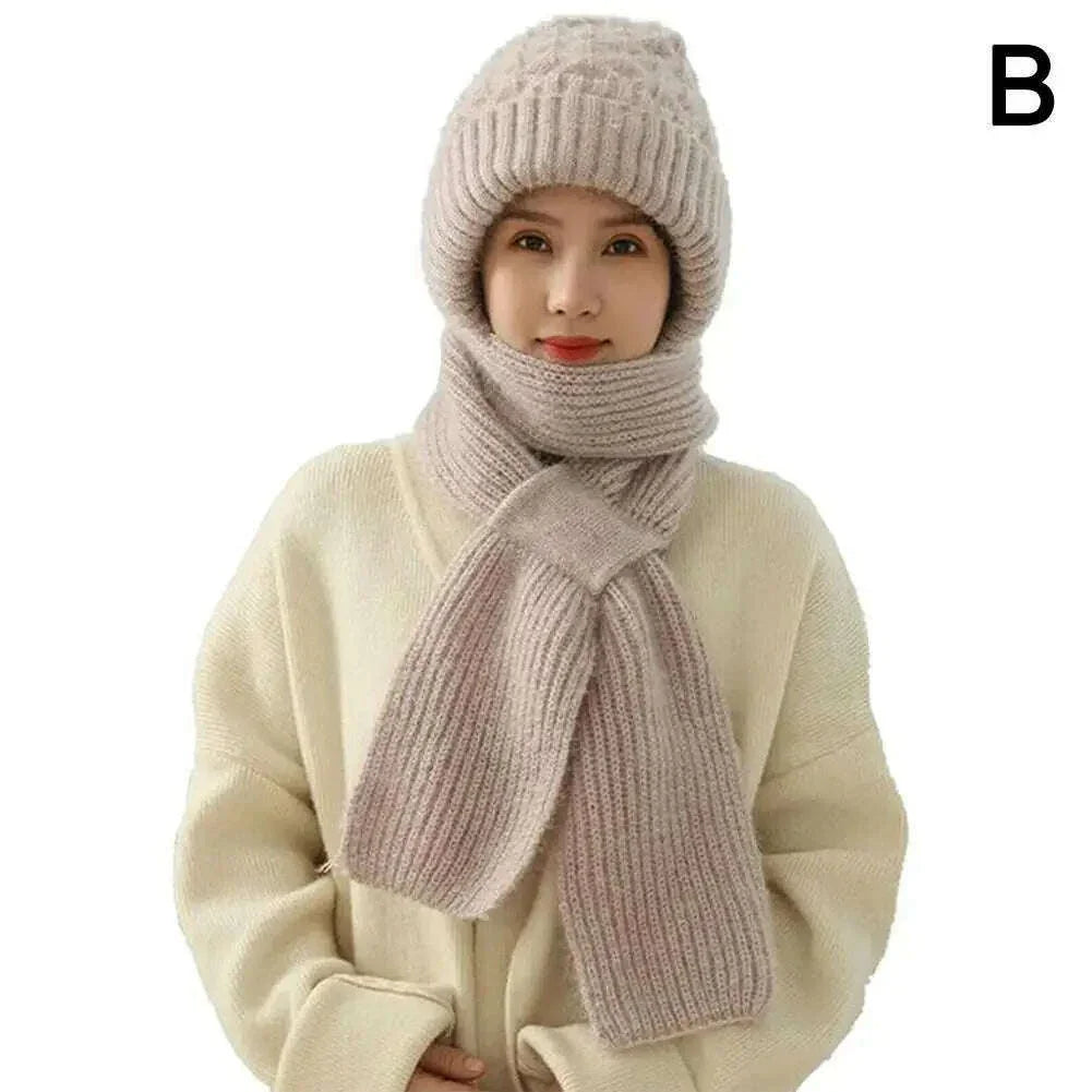 KIMLUD, Integrated Ear Protection Windproof Cap Scarf Knitting Thickening Hat Winter Windproof Wram Cap Scarf For Winter, KIMLUD Womens Clothes