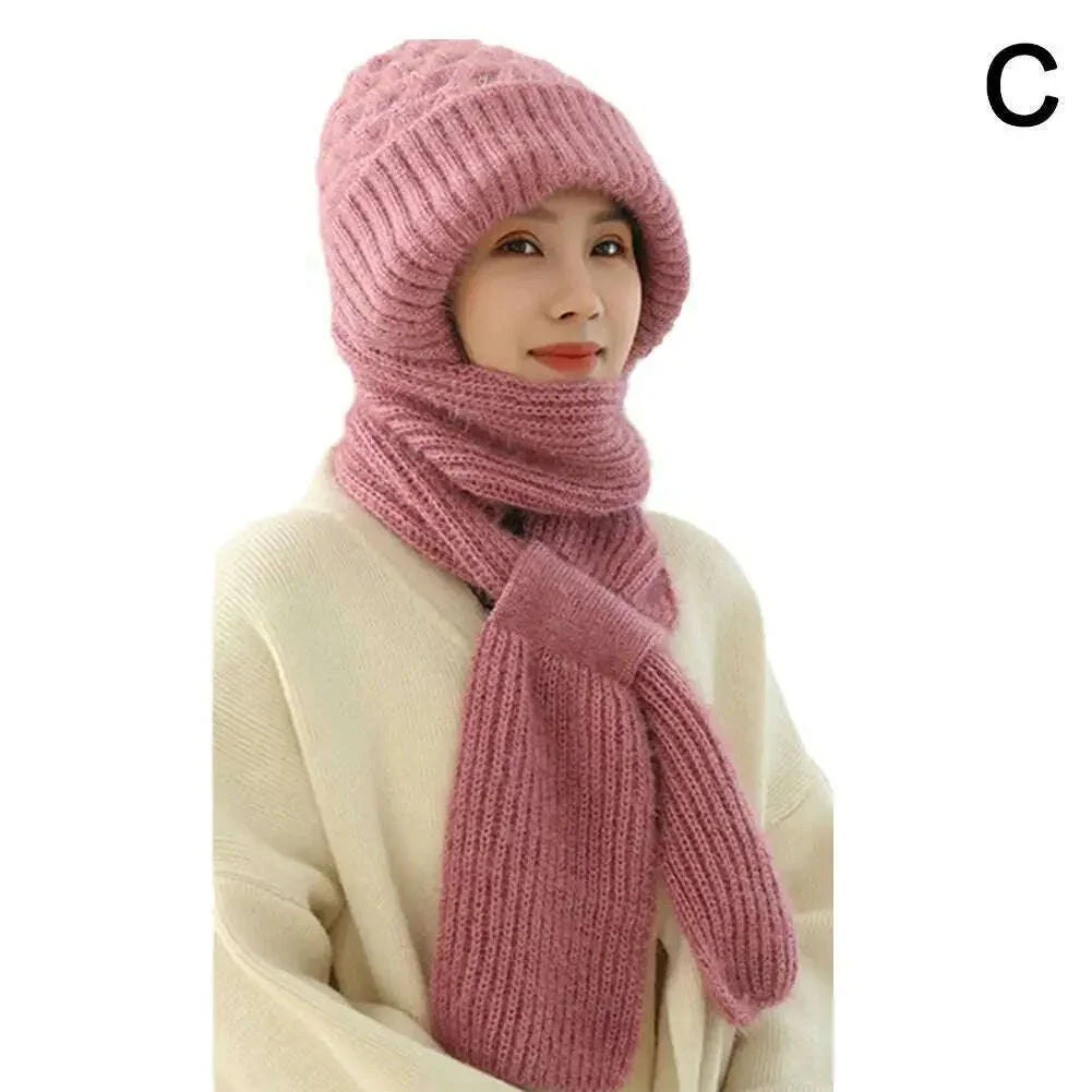 KIMLUD, Integrated Ear Protection Windproof Cap Scarf Knitting Thickening Hat Winter Windproof Wram Cap Scarf For Winter, KIMLUD Womens Clothes