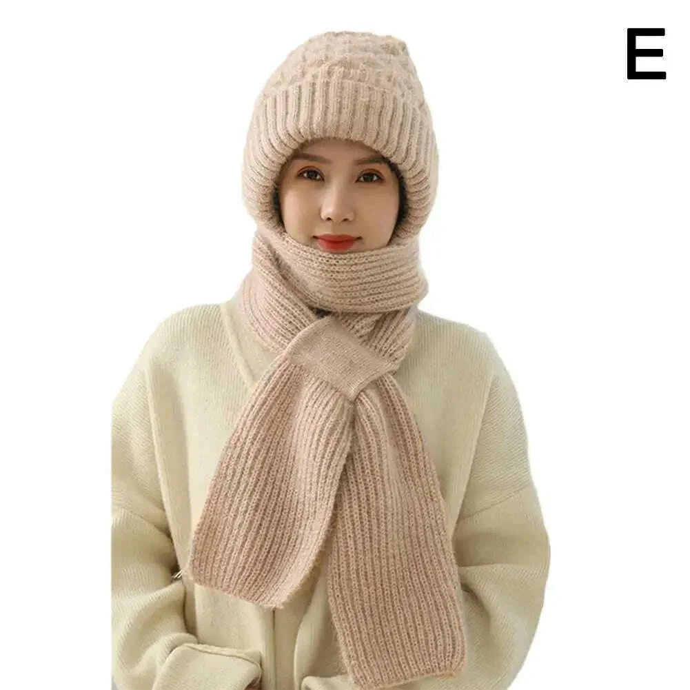 KIMLUD, Integrated Ear Protection Windproof Cap Scarf Knitting Thickening Hat Winter Windproof Wram Cap Scarf For Winter, KIMLUD Womens Clothes