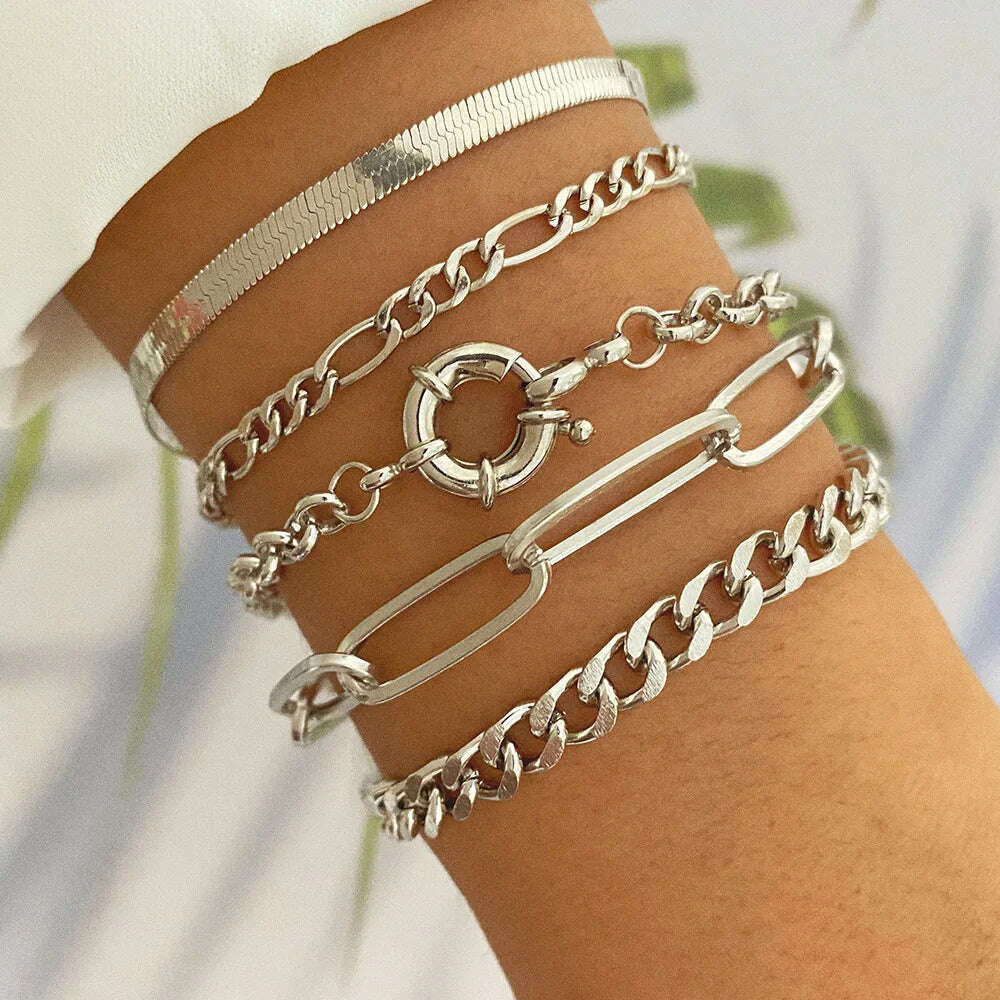 IPARAM Gold Color Silver Color Charm Bracelet Bangles For Women Punk Curb Cuban Chain Bracelets Set Boho Fashion Jewelry Gifts - KIMLUD