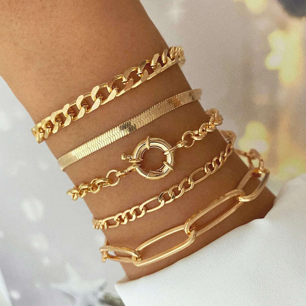 IPARAM Gold Color Silver Color Charm Bracelet Bangles For Women Punk Curb Cuban Chain Bracelets Set Boho Fashion Jewelry Gifts - KIMLUD