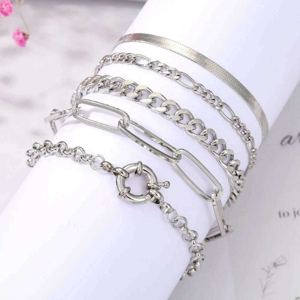 IPARAM Gold Color Silver Color Charm Bracelet Bangles For Women Punk Curb Cuban Chain Bracelets Set Boho Fashion Jewelry Gifts - KIMLUD