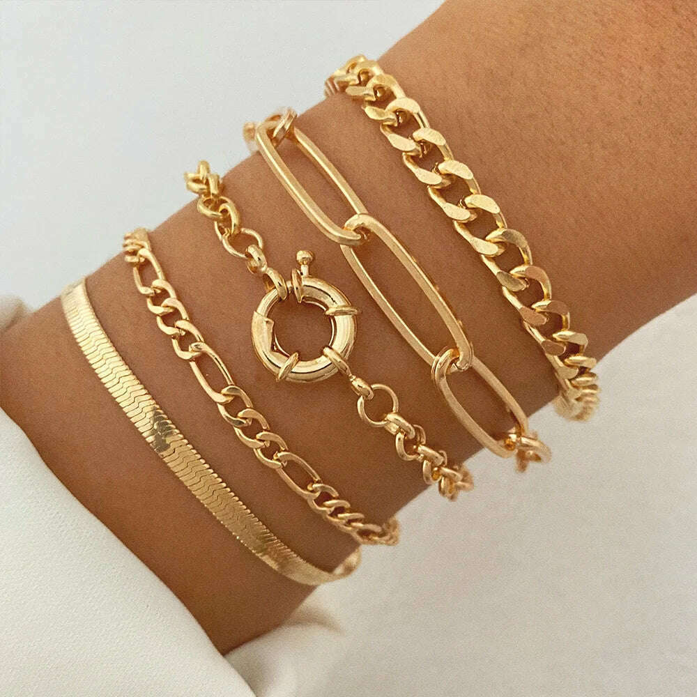 IPARAM Gold Color Silver Color Charm Bracelet Bangles For Women Punk Curb Cuban Chain Bracelets Set Boho Fashion Jewelry Gifts - KIMLUD