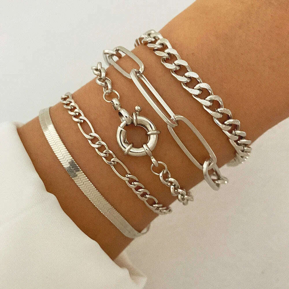 IPARAM Gold Color Silver Color Charm Bracelet Bangles For Women Punk Curb Cuban Chain Bracelets Set Boho Fashion Jewelry Gifts - KIMLUD