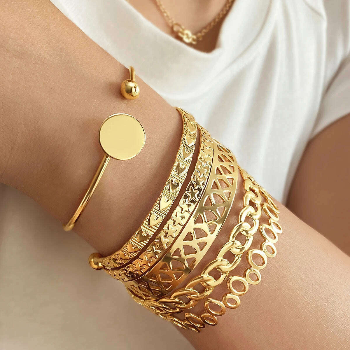 IPARAM New Elegant Letter Love Bangle Gold Color Heart Flower Hollow Opening Bracelets Set Female Trendy Jewelry - KIMLUD