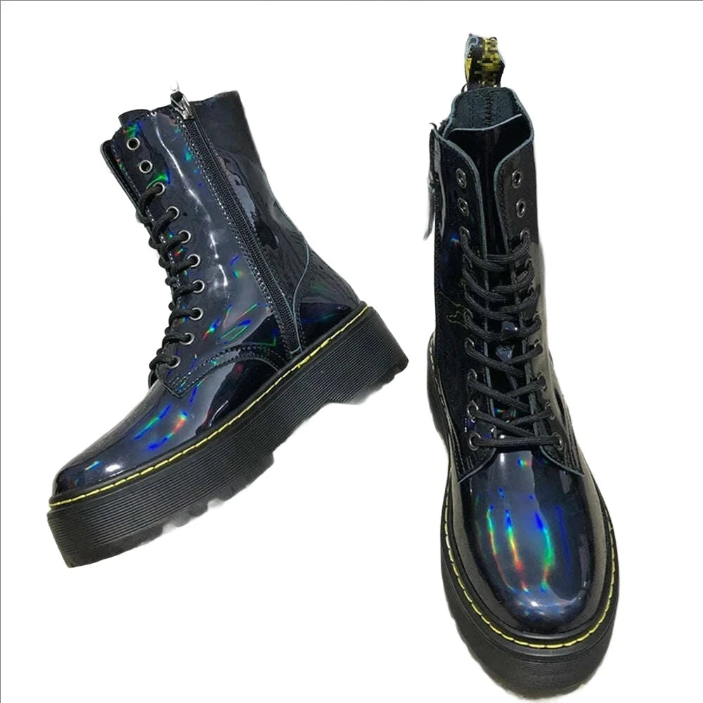 KIMLUD, Iridescent Laser Patent Leather Lace Up Martin Boots Women Fashion Style Thick Bottom Motorcycle Cool Mid Calf Winter Shoes, KIMLUD Womens Clothes