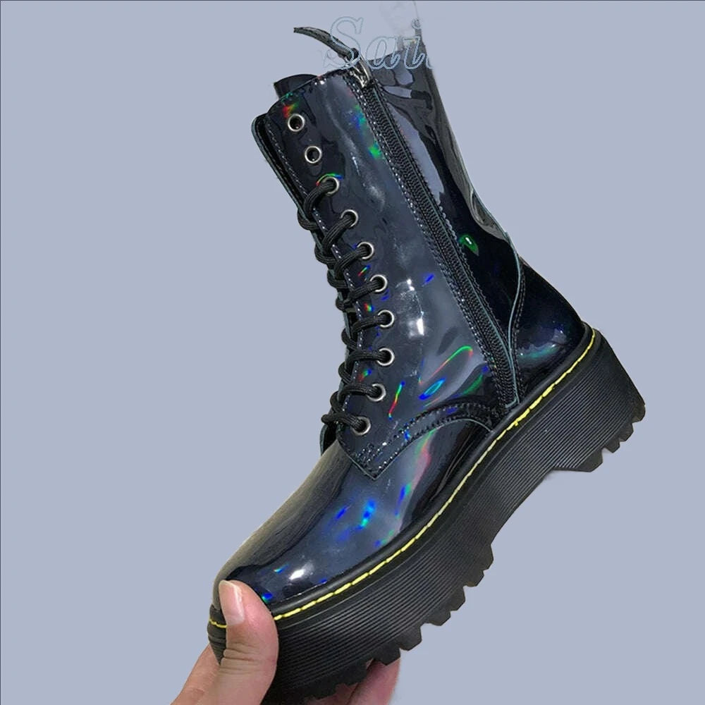 KIMLUD, Iridescent Laser Patent Leather Lace Up Martin Boots Women Fashion Style Thick Bottom Motorcycle Cool Mid Calf Winter Shoes, KIMLUD Womens Clothes