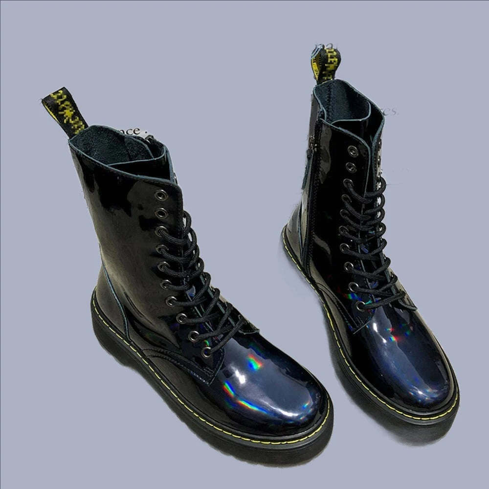 KIMLUD, Iridescent Laser Patent Leather Lace Up Martin Boots Women Fashion Style Thick Bottom Motorcycle Cool Mid Calf Winter Shoes, KIMLUD Womens Clothes