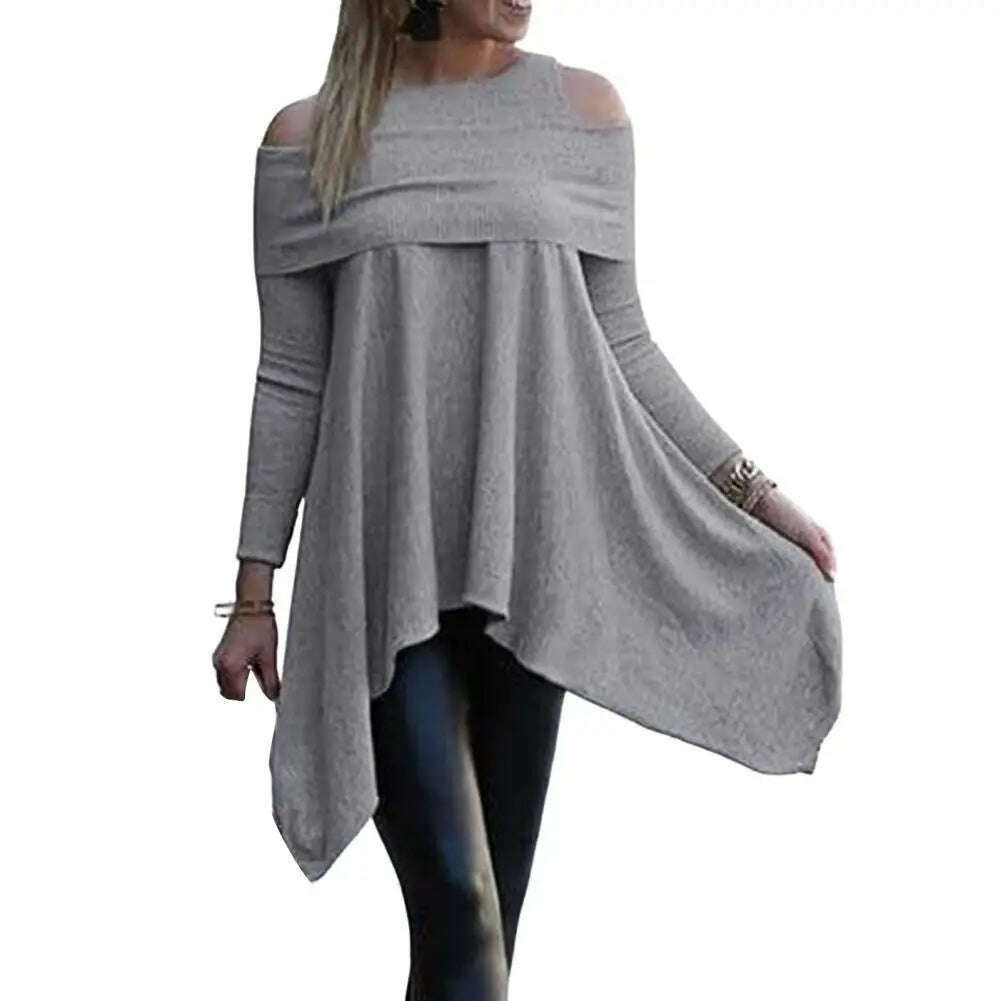 KIMLUD, Irregular Womens Tops And Blouses Casual O Neck Long Sleeve Top Female Tunic 2021 Autumn Plus Size Women Blusas Shirts, Grey / S, KIMLUD Womens Clothes