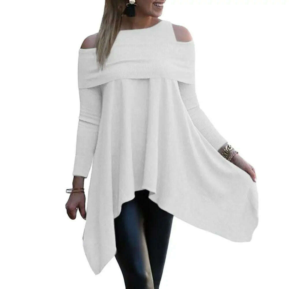 KIMLUD, Irregular Womens Tops And Blouses Casual O Neck Long Sleeve Top Female Tunic 2021 Autumn Plus Size Women Blusas Shirts, WHITE / S, KIMLUD Womens Clothes