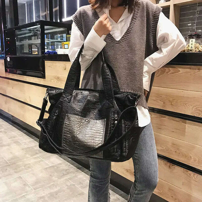 KIMLUD, It Crocodile Pattern Big Women Shoulder Bag 2021 Brand PU Leather Contrasting Color Handbag Large Pocket Sac A Main Luxury Bag, KIMLUD Womens Clothes