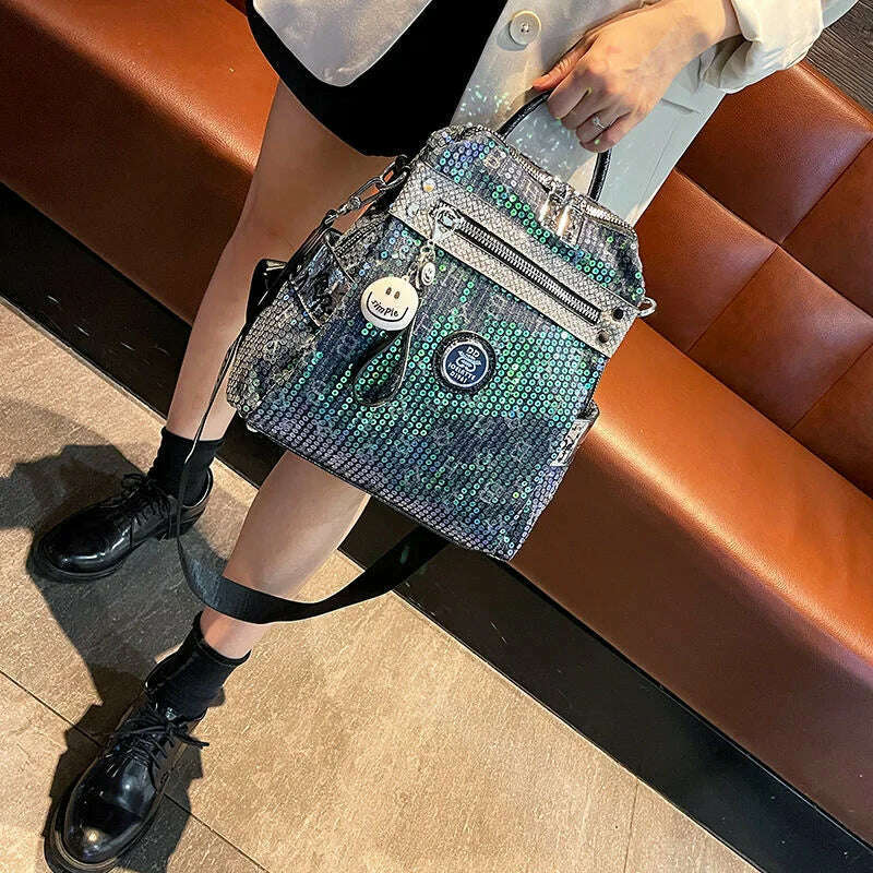 KIMLUD, Ita Women Luxury Backpack 2YK Leather School Backpack Tote Handbags 2021 Brand Diamond Rivet Shoulder Bag Sac High Quality Bolso, Black with Green, KIMLUD APPAREL - Womens Clothes