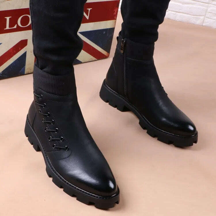 italian brand designer mens leisure cowboy boots natural leather platform shoes black autumn winter ankle boot short botas male - KIMLUD