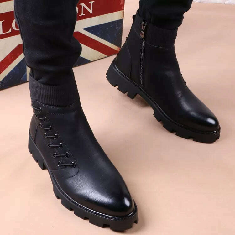 italian brand designer mens leisure cowboy boots natural leather platform shoes black autumn winter ankle boot short botas male - KIMLUD