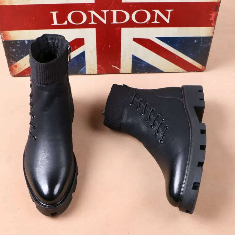 italian brand designer mens leisure cowboy boots natural leather platform shoes black autumn winter ankle boot short botas male - KIMLUD