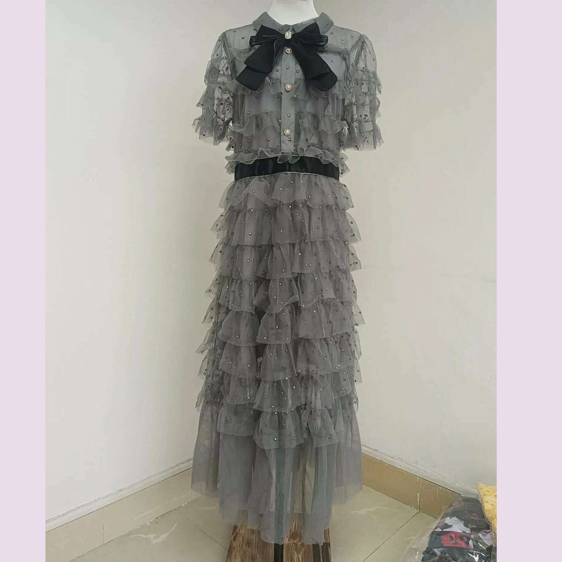 KIMLUD, JAMERARY Runway Designer Fashion Mesh Tulle Polka Dots Cake Dress Women Short Sleeve Midi Long Party Evening Prom Vestidos Bow, KIMLUD Womens Clothes