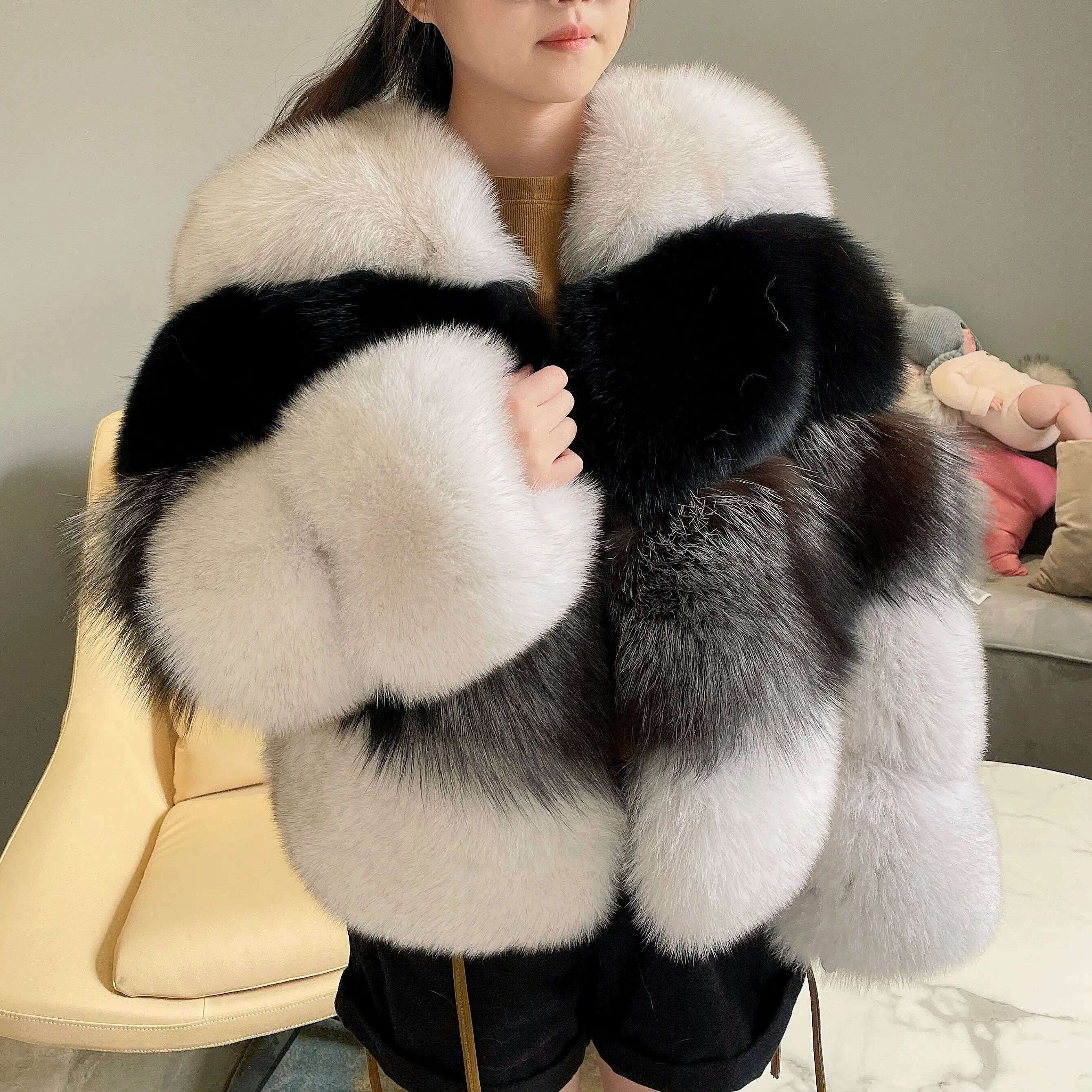 KIMLUD, JANEFUR Real Fur Coat Women 2023 Mixed Color Custom Fashion Natural Fox Fur Jacket Female Drop shipping Warm Winter Outfit, KIMLUD Womens Clothes