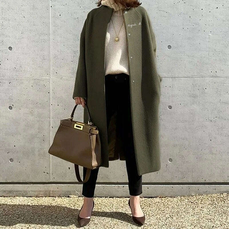 KIMLUD, Japanese Korean OVercoat 2021 Winter Fashion Light Nature Wind Loose Mid-length Patchwork Pocket Office Lady Elegant Thin Coat, KIMLUD Womens Clothes