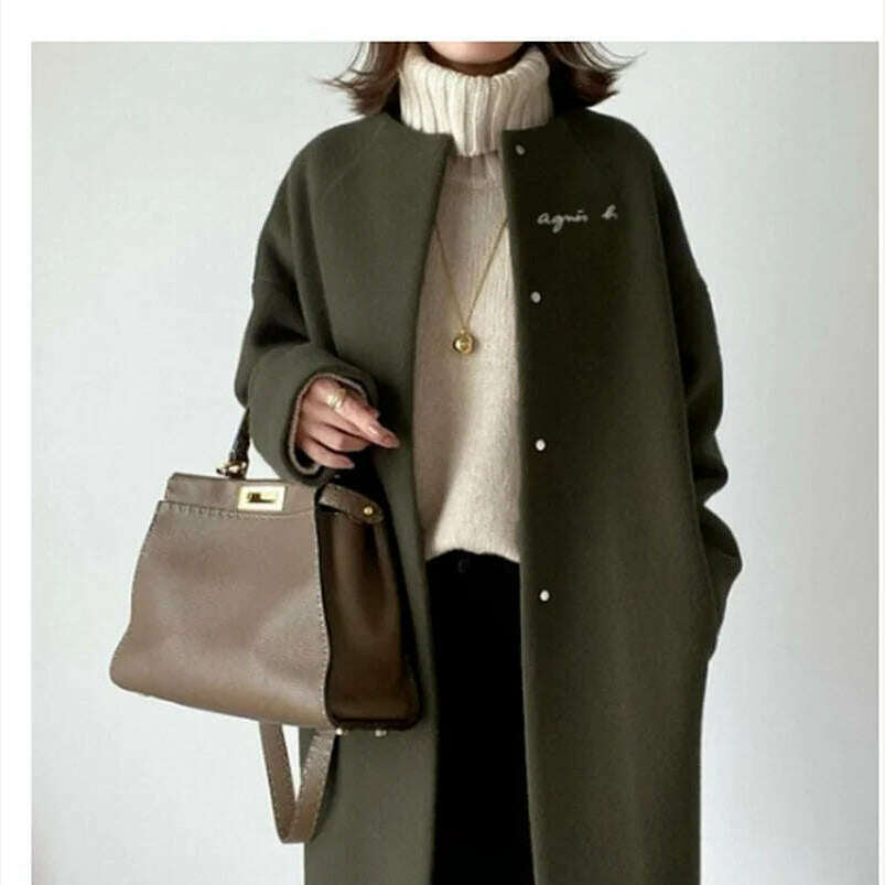 KIMLUD, Japanese Korean OVercoat 2021 Winter Fashion Light Nature Wind Loose Mid-length Patchwork Pocket Office Lady Elegant Thin Coat, KIMLUD Womens Clothes