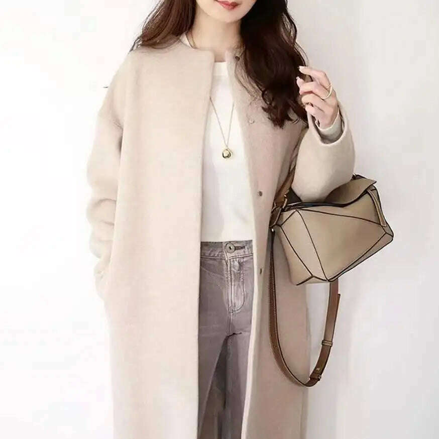 KIMLUD, Japanese Korean OVercoat 2021 Winter Fashion Light Nature Wind Loose Mid-length Patchwork Pocket Office Lady Elegant Thin Coat, Apricot color / One Size, KIMLUD APPAREL - Womens Clothes