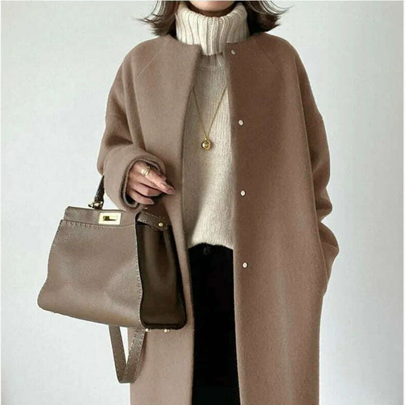 KIMLUD, Japanese Korean OVercoat 2021 Winter Fashion Light Nature Wind Loose Mid-length Patchwork Pocket Office Lady Elegant Thin Coat, Coffee color / One Size, KIMLUD APPAREL - Womens Clothes