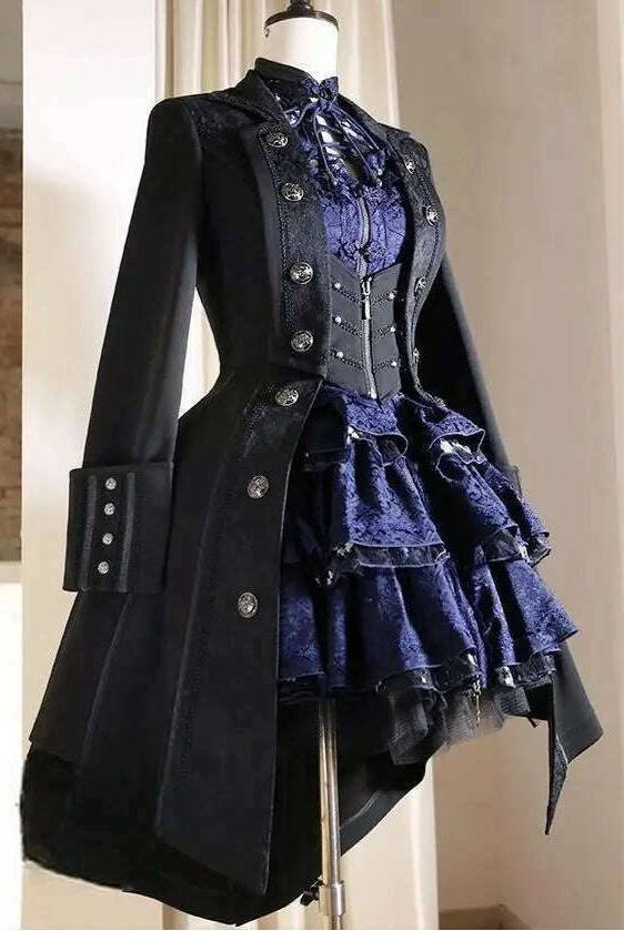 Japanese Retro Dark Long Trench Coat British Style Gothic Handsome Knight Outfit Lolita Sweet Long-sleeved Slimming Jacket - KIMLUD