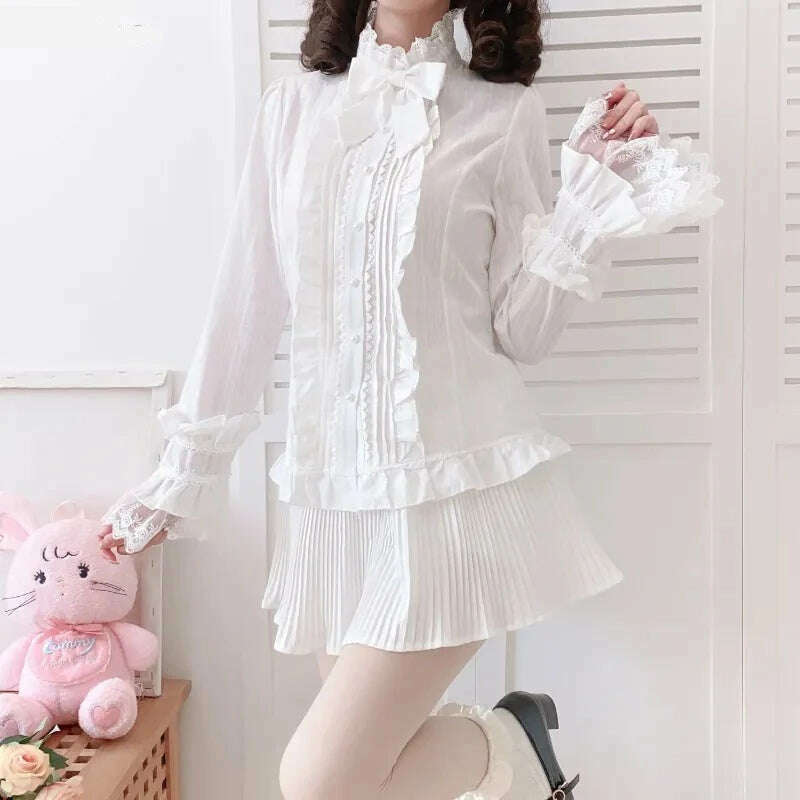 KIMLUD, Japanese Sweet Lolita Style Blouse Women Elegant Lace Ruffles Flare Sleeve JK Shirts Vintage Girls Cute White Tops Blusas Mujer, KIMLUD Womens Clothes