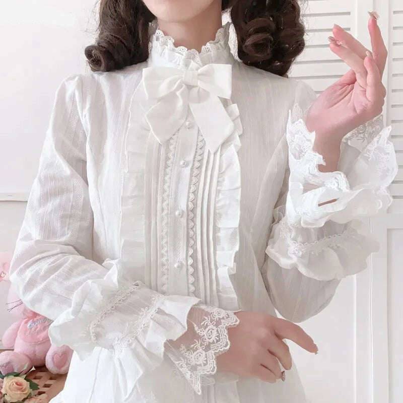 KIMLUD, Japanese Sweet Lolita Style Blouse Women Elegant Lace Ruffles Flare Sleeve JK Shirts Vintage Girls Cute White Tops Blusas Mujer, KIMLUD Womens Clothes