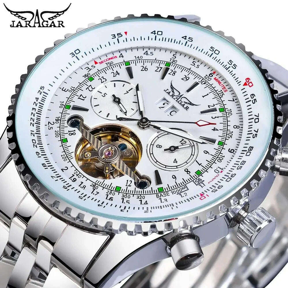 KIMLUD, JARAGAR 034 brand tourbillon men's fully automatic mechanical watches waterproof leather strap mechanical watch for men, Silver White, KIMLUD APPAREL - Womens Clothes
