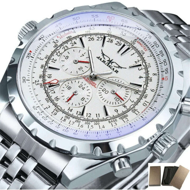 KIMLUD, JARAGAR 212 Men's Fashion Automatic Mechanical Watches Leisure Hollowing Dial Chronograph Luminous Multifunctional Wristwatch, Metal B with box, KIMLUD APPAREL - Womens Clothes