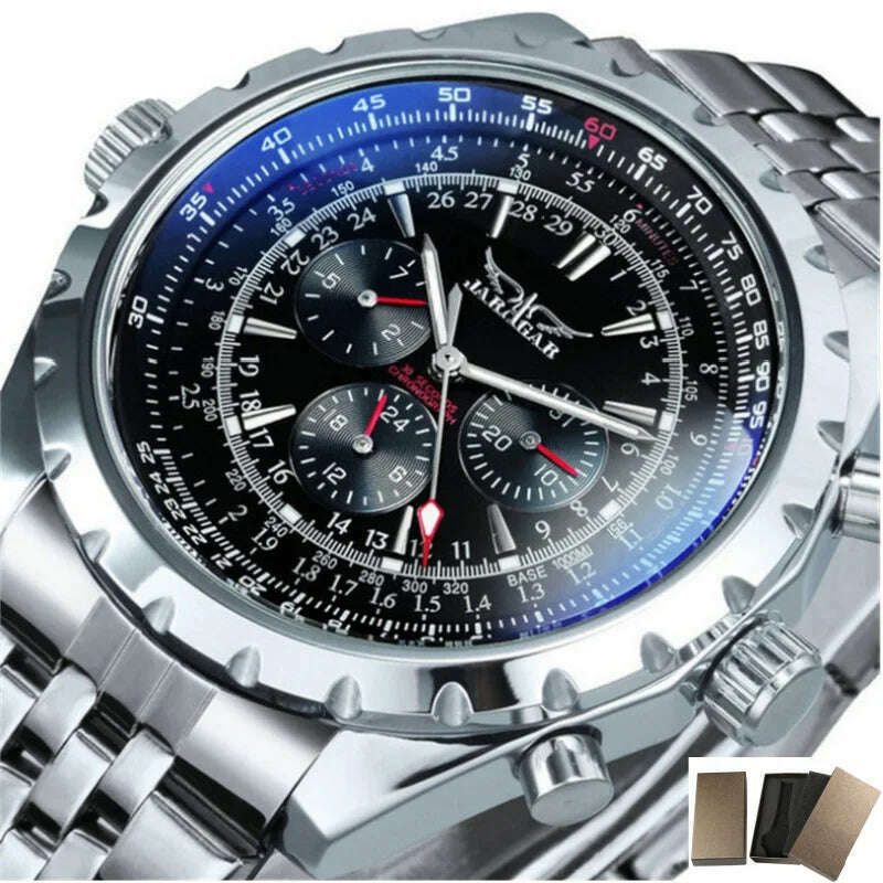 KIMLUD, JARAGAR 212 Men's Fashion Automatic Mechanical Watches Leisure Hollowing Dial Chronograph Luminous Multifunctional Wristwatch, Metal A with box, KIMLUD APPAREL - Womens Clothes