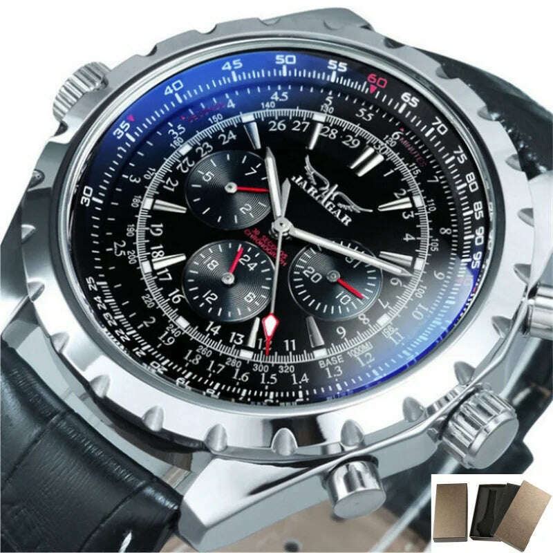 KIMLUD, JARAGAR 212 Men's Fashion Automatic Mechanical Watches Leisure Hollowing Dial Chronograph Luminous Multifunctional Wristwatch, Leather A with box, KIMLUD APPAREL - Womens Clothes