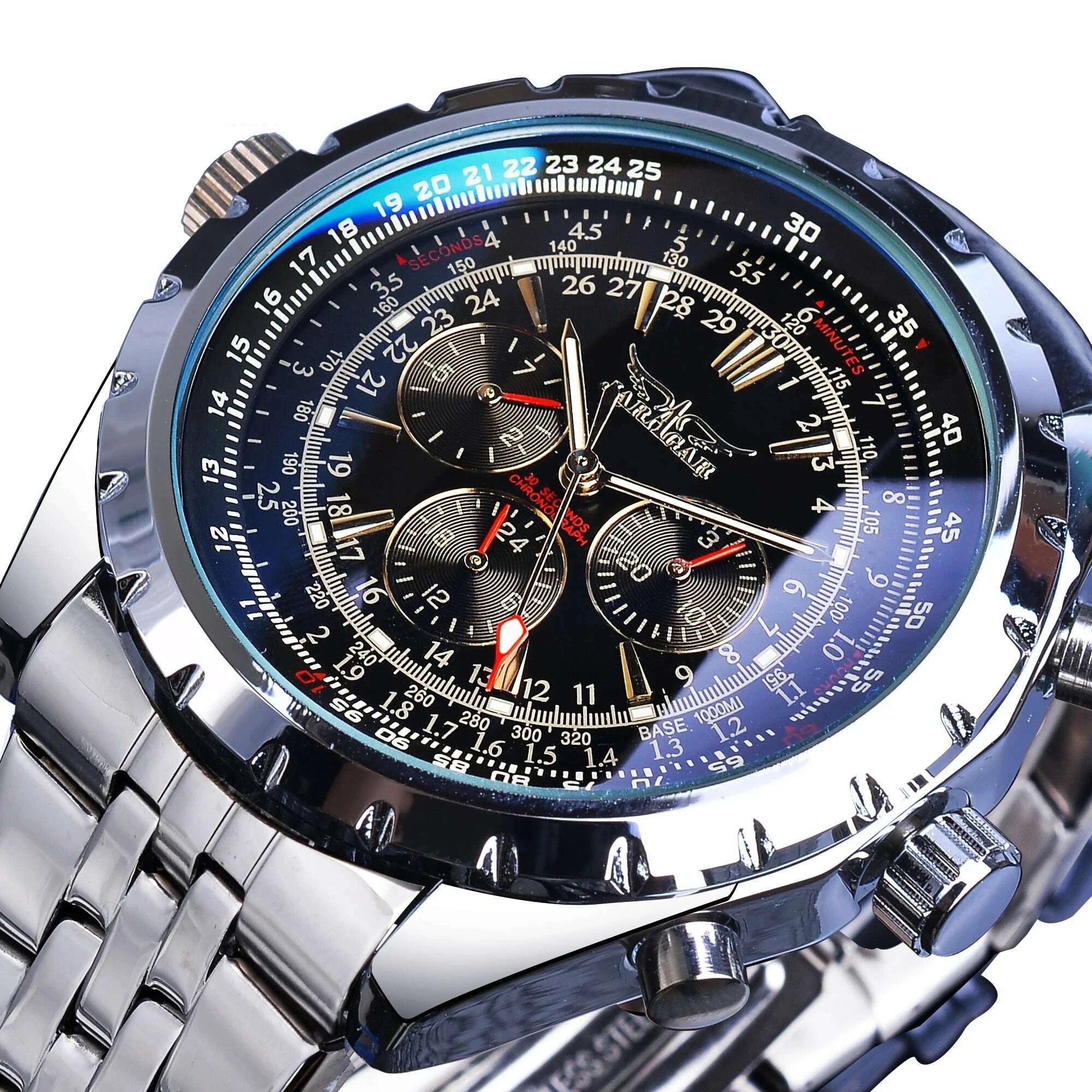 KIMLUD, Jaragar 3 Dial Men's Automatic Watch Stainless Steel Mechanical Men's watches Date Week Display Luminous Wristwatch Blue Glass, S1144-2, KIMLUD APPAREL - Womens Clothes