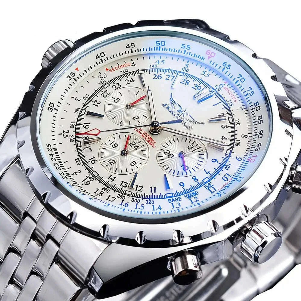KIMLUD, Jaragar 3 Dial Men's Automatic Watch Stainless Steel Mechanical Men's watches Date Week Display Luminous Wristwatch Blue Glass, S1144-3, KIMLUD APPAREL - Womens Clothes