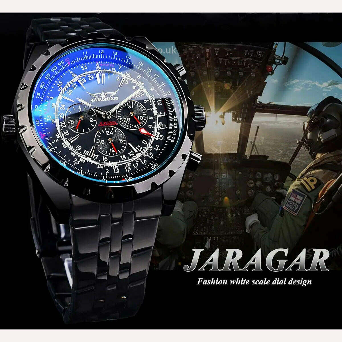 KIMLUD, Jaragar 3 Dial Men's Automatic Watch Stainless Steel Mechanical Men's watches Date Week Display Luminous Wristwatch Blue Glass, KIMLUD Womens Clothes