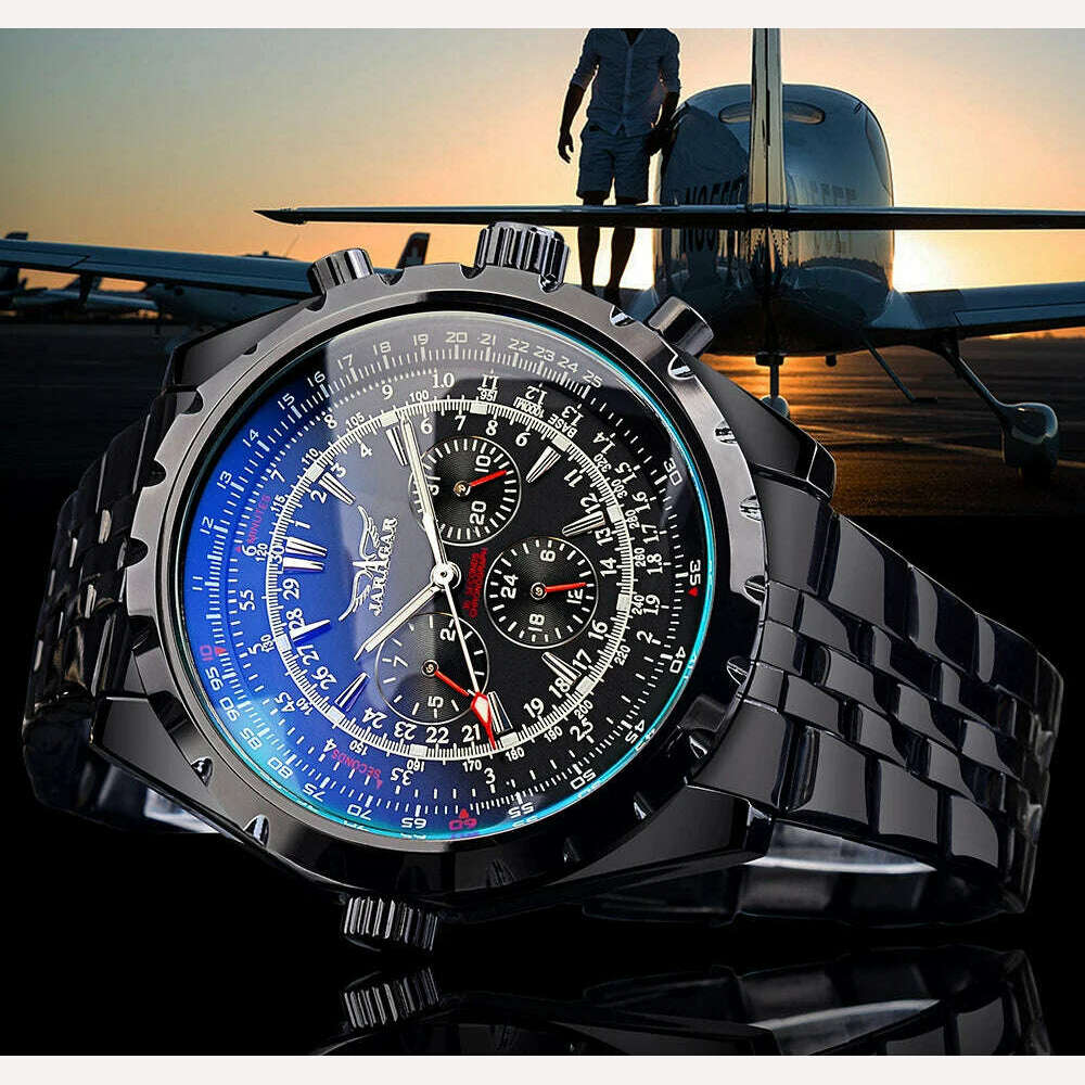 KIMLUD, Jaragar 3 Dial Men's Automatic Watch Stainless Steel Mechanical Men's watches Date Week Display Luminous Wristwatch Blue Glass, KIMLUD Womens Clothes