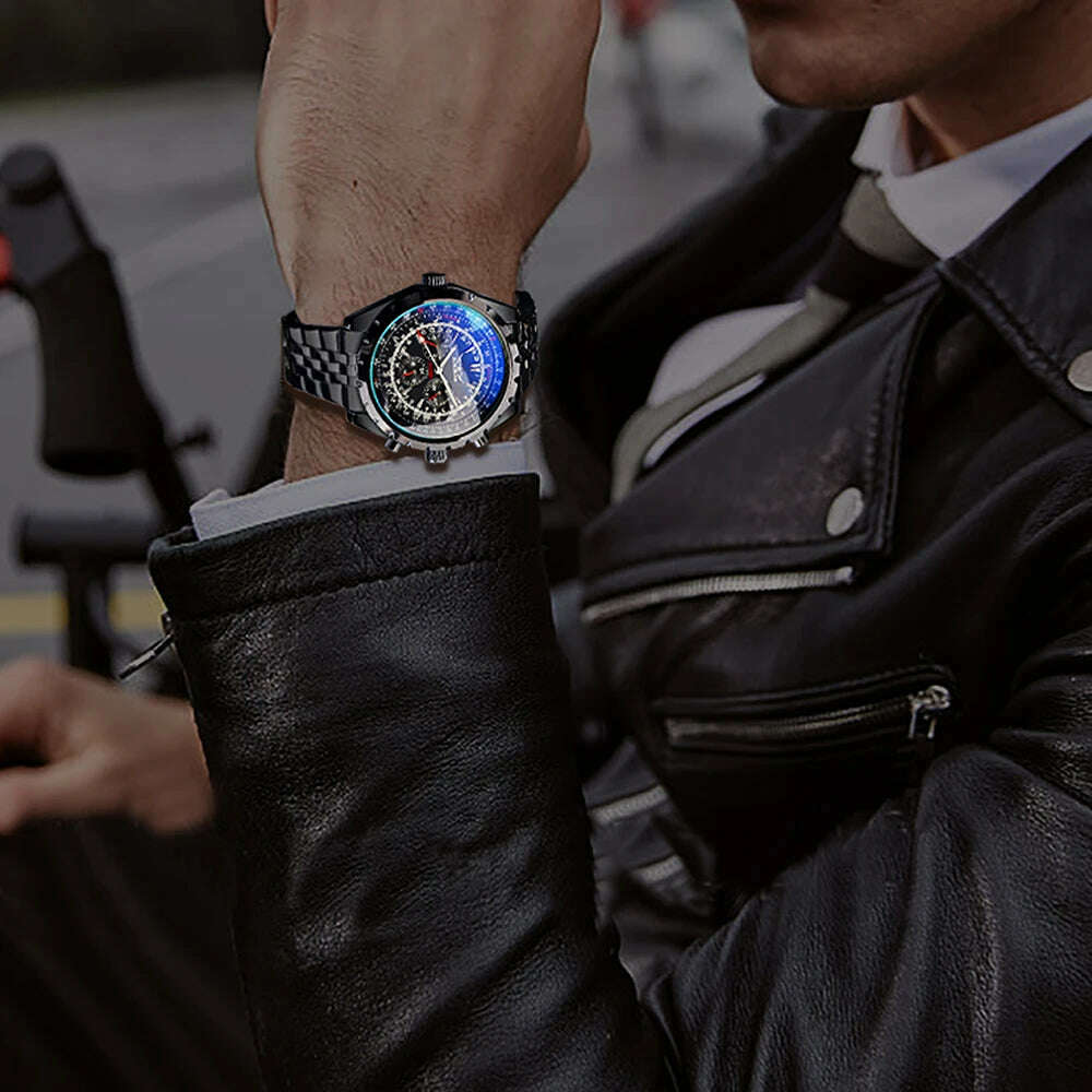 KIMLUD, Jaragar 3 Dial Men's Automatic Watch Stainless Steel Mechanical Men's watches Date Week Display Luminous Wristwatch Blue Glass, KIMLUD Womens Clothes
